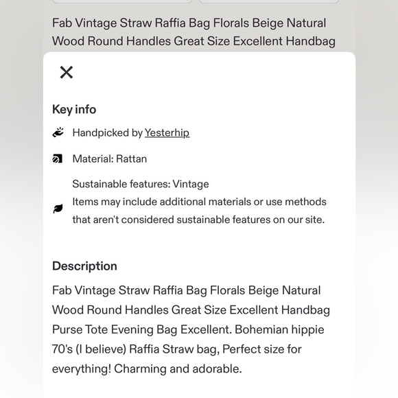 Beige Woven Vintage Tote handbag with Wooden Handles and Floral Accent 🌺 - Picture 5 of 6